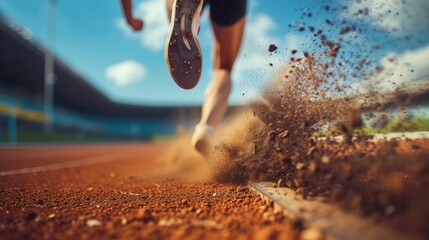 Detailed shot of a sprinter accelerating rapidly, feet gripping the solid ground of the running track. - Powered by Adobe