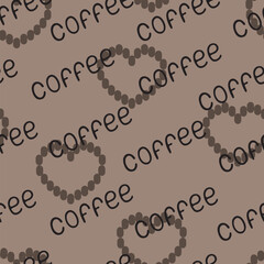 Seamless vector pattern. Coffee drawing with lettering and coffee beans on a beige background for printing and design