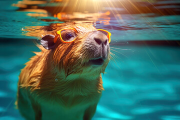 Cute capybara in swimming glasses swims in a pool with turquoise water. - obrazy, fototapety, plakaty