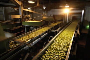 Olive processing plant. A room with mechanical conveyors for sorting the fruits of olive trees. Generated by AI.