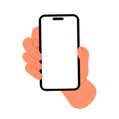 Hand holding mobile phone with blank screen. Smartphone in hand isolated on white background. Vector mockup illustration of Mobile cellular phone with white display or screen. Vector illustration