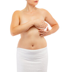 Fototapeta premium Woman examining her breast isolated on white background 