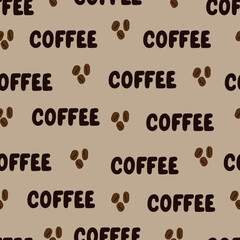 Seamless vector pattern. Coffee drawing with lettering and coffee beans on a beige background for printing and design
