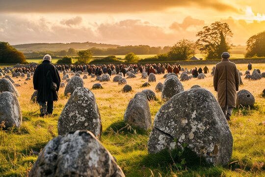 A tranquil scene with people observing an ancient stone circle at sunset, surrounded by heritage, tradition, and nature.