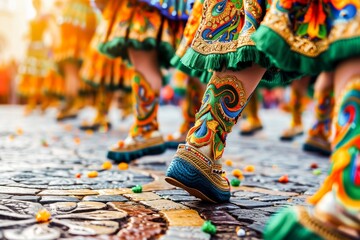 Colorful traditional costumes of dancers at a street festival, with a focus on intricate...