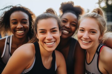 Portrait of a smiling young female basketball team - obrazy, fototapety, plakaty