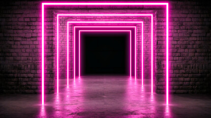 Vibrant Neon Room: Futuristic Interior Design with Glowing Blue and Pink Lights, Abstract Fashion Stage