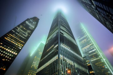 Skyscrapers rise into the foggy night sky, illuminated by city lights, creating a modern urban skyline.