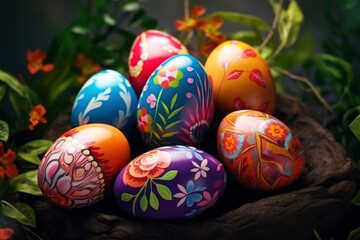 Fototapeta na wymiar Festive colorful bright eggs in a meadow among green grass and wildflowers