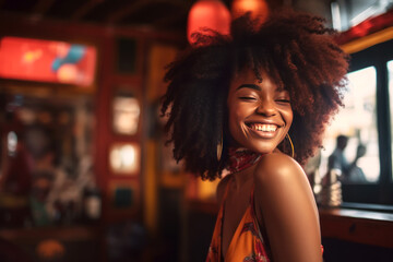 Illustration of young smiling African woman in elegant dress at bar - obrazy, fototapety, plakaty