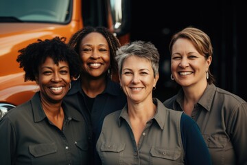Group portrait of diverse middle aged female truck drivers - obrazy, fototapety, plakaty