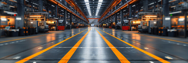 Industrial Manufacturing Line: Factory Interior with Automated Machinery, Modern Production Technology - obrazy, fototapety, plakaty
