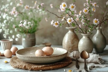 rustic easter brunch table setting in a minimalism style