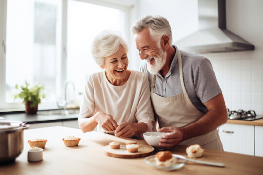 Caucasian married senior mature couple baking in the kitchen