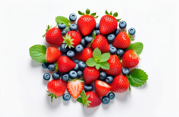 Ripe berries, blueberry and strawberry, top view with copy space