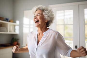 Caucasian middle aged mature woman dancing at home