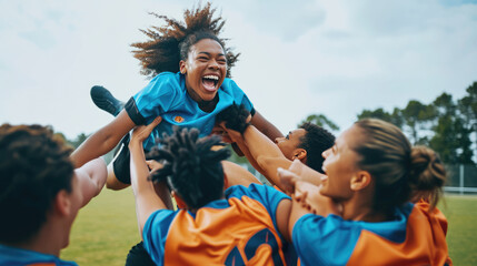 Young female soccer players is enthusiastically embracing and celebrating