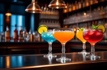 Classic multi-colored cocktails on the bar counter decorated with berries and fruits, evening at the moody pub