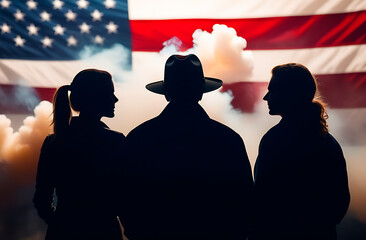 Silhouette of people against the background of the American flag and smoke