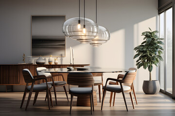dining room with a statement pendant light  - obrazy, fototapety, plakaty