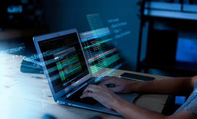 Close up man writing code on the laptop, programmer  informatics computing technology
