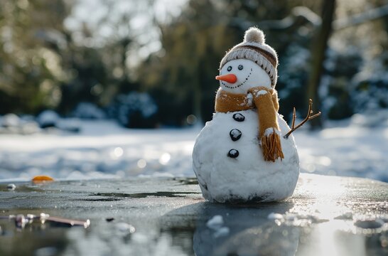 Winter last smile - melting snowman in sunlit park