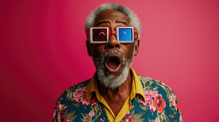 Senior man with gray hair and a beard, expressing surprise or excitement while wearing 3D glasses.