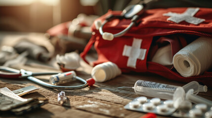 First aid kit with a white cross on a red bag, surrounded by various medical supplies - obrazy, fototapety, plakaty