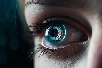 Technology, sci-fi concept. Woman portrait with futuristic glasses or goggles close-up view. Model with futuristic technology on her eyes like implants or cyberware