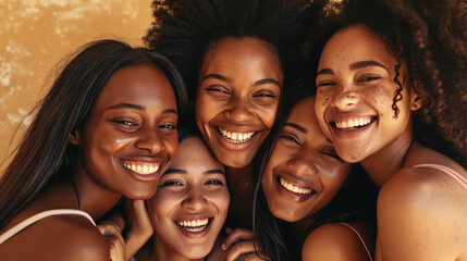 Fototapeta premium Smiling women are huddled closely together, portraying a warm, friendly, and diverse group.