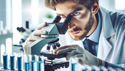 An Expert Scientist looking at a microscope. Conducting Breakthrough Research in a High-Tech Lab