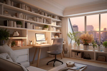 Fototapeta premium family room with a built-in desk and workspace
