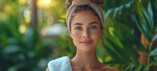Woman with a towel headwrap amidst tropical leaves background. Image for eco-friendly cosmetics, spa resort or retreat center brochure. Vacation concept. Banner with copy space. - Powered by Adobe