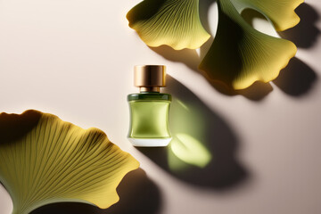 A beautiful glass bottle with herbal perfumes and ginkgo biloba leaves