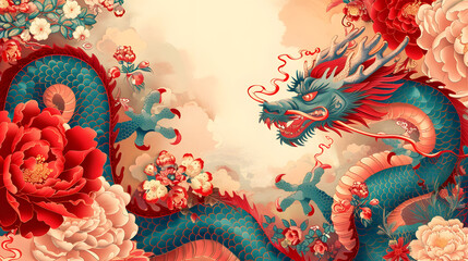 Chinese dragon with flowers and clouds in the sky illustration. Chinese new year concept