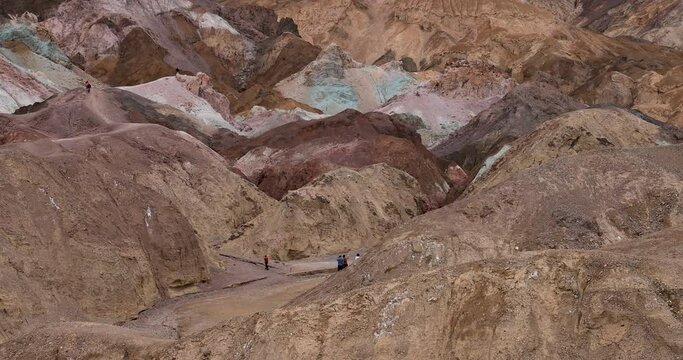 Death Valley Artists Palette colorful mountain hiking. Largest national park in contiguous USA. 282 feet below sea level. Mojave Desert bordering Great Basin Desert. Ecological geology. 