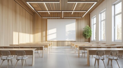 An Empty Classroom With Wooden Desks and Chairs