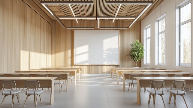 An Empty Classroom With Wooden Desks and Chairs