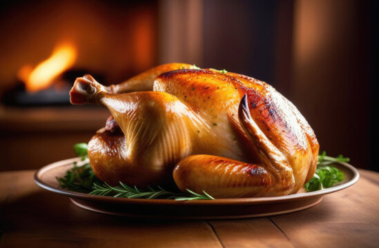 Baked chicken with herbs on plate, festive dish, beautiful serving, evening light