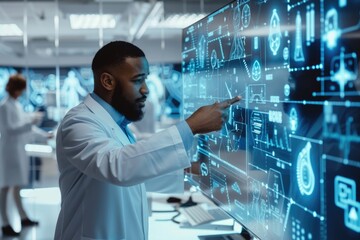 Future Technology: Teams of professional doctors in hospitals digitized graphically into connected automated machines. high tech medical tools 4.0