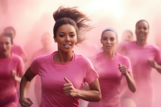 Women participating in a race, wearing pink attire. Suitable for sports events or charity runs