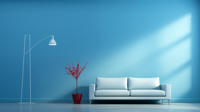 Minimalistic interior in blue tones. Sofa, lamp, flower. Copy space. High quality photo