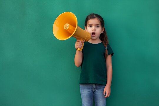 girl with a yellow megaphone is spreading the news, standing in front of a green wall, facing the camera 
