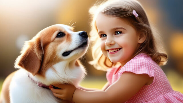 Portrait of a little girl with her favorite pet, a cheerful little dog.