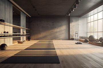 A gym with a wall-mounted interactive yoga and meditation space