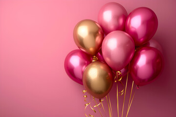 Shiny pink and golden balloons on magenta background, card for 30 years anniversary for birthday, wedding or other events, festive pink background with copy space - obrazy, fototapety, plakaty
