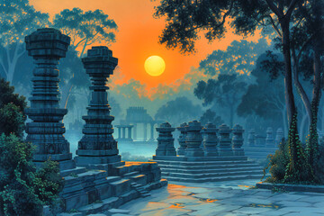 Ancient Temple in Asia: Religious Landmark with Stone Architecture at Sunrise, Cultural Heritage and Tourism - obrazy, fototapety, plakaty
