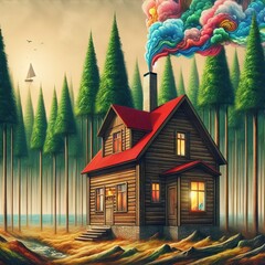 Surreal illustration of a house in the forest