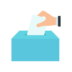 Hand voting ballot box icon. Hand putting paper in the ballot box. Voting concept. Vector illustration. Election and democracy campaign. Digital or online vote Sign
