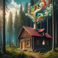 Surreal illustration of a house in the forest